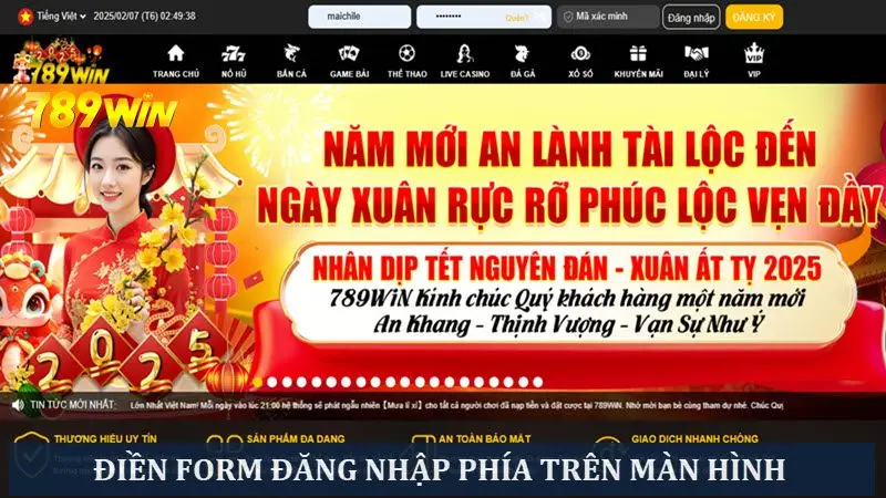 Điền đủ nội dung form đăng nhập ở đầu trang