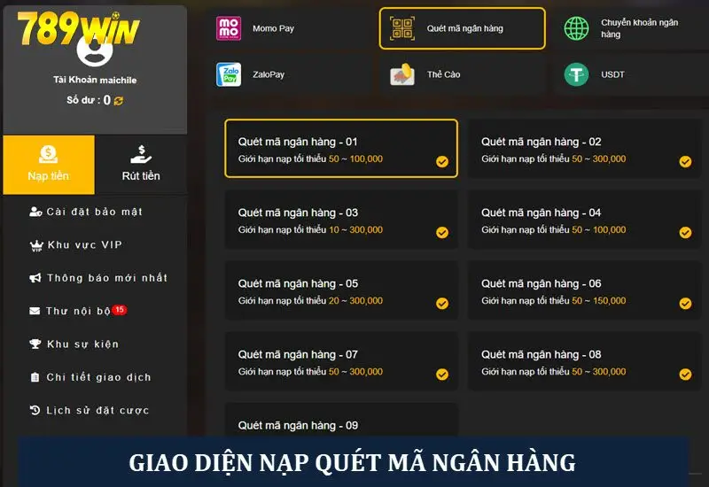 Giao diện nạp thông qua mã QR ngân hàng